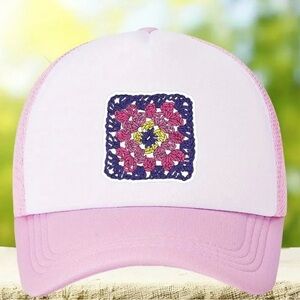 PINK Floral Granny Square Retro Baseball Cap